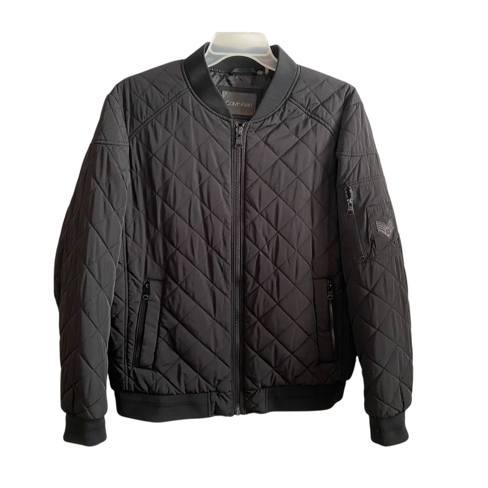 Calvin Klein Mens Large Black Quilted Bomber Jacket Full Zip Puffer Casual